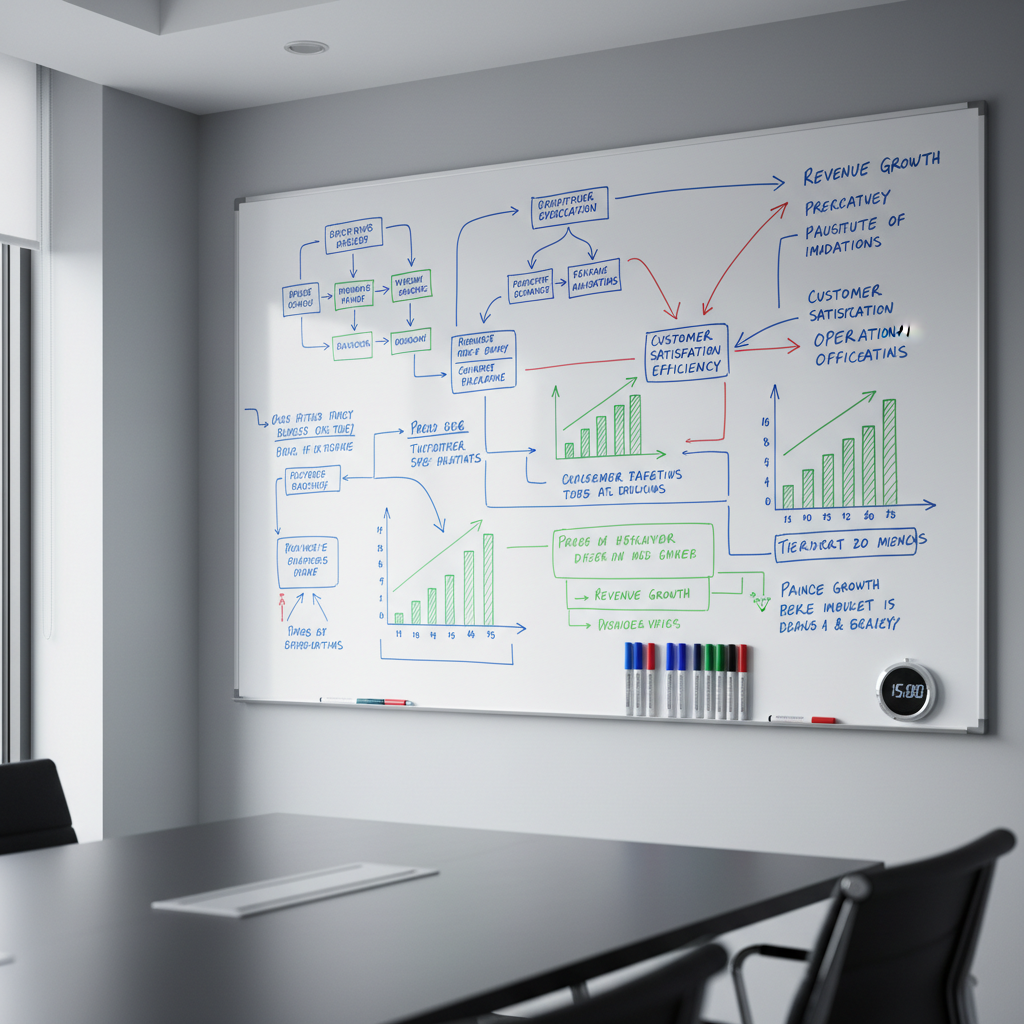 A large, wall-mounted whiteboard filled with neatly organized diagrams of business processes, color-coded financial charts, and arrows connecting key performance indicators, all written in precise handwriting. On a slim metal ledge below, sets of fine-tipped markers are aligned by color next to a small, polished metal timer. The whiteboard stands in a modern meeting room with light grey walls and a matte charcoal conference table in the foreground, slightly out of focus. Cool, even overhead lighting and a hint of natural light from the side create a bright, analytical atmosphere. Captured from a slightly angled side view with moderate depth of field, the image emphasizes clarity, planning, and structured corporate strategy in a photographic, minimalist style.